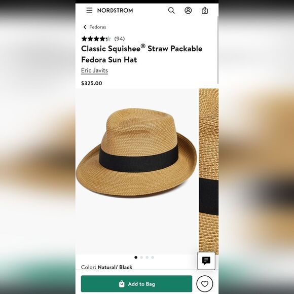 Eric Javits Classic Squishee® Straw Packable Fedora Natural Black Band Sun Hat - Picture 7 of 7